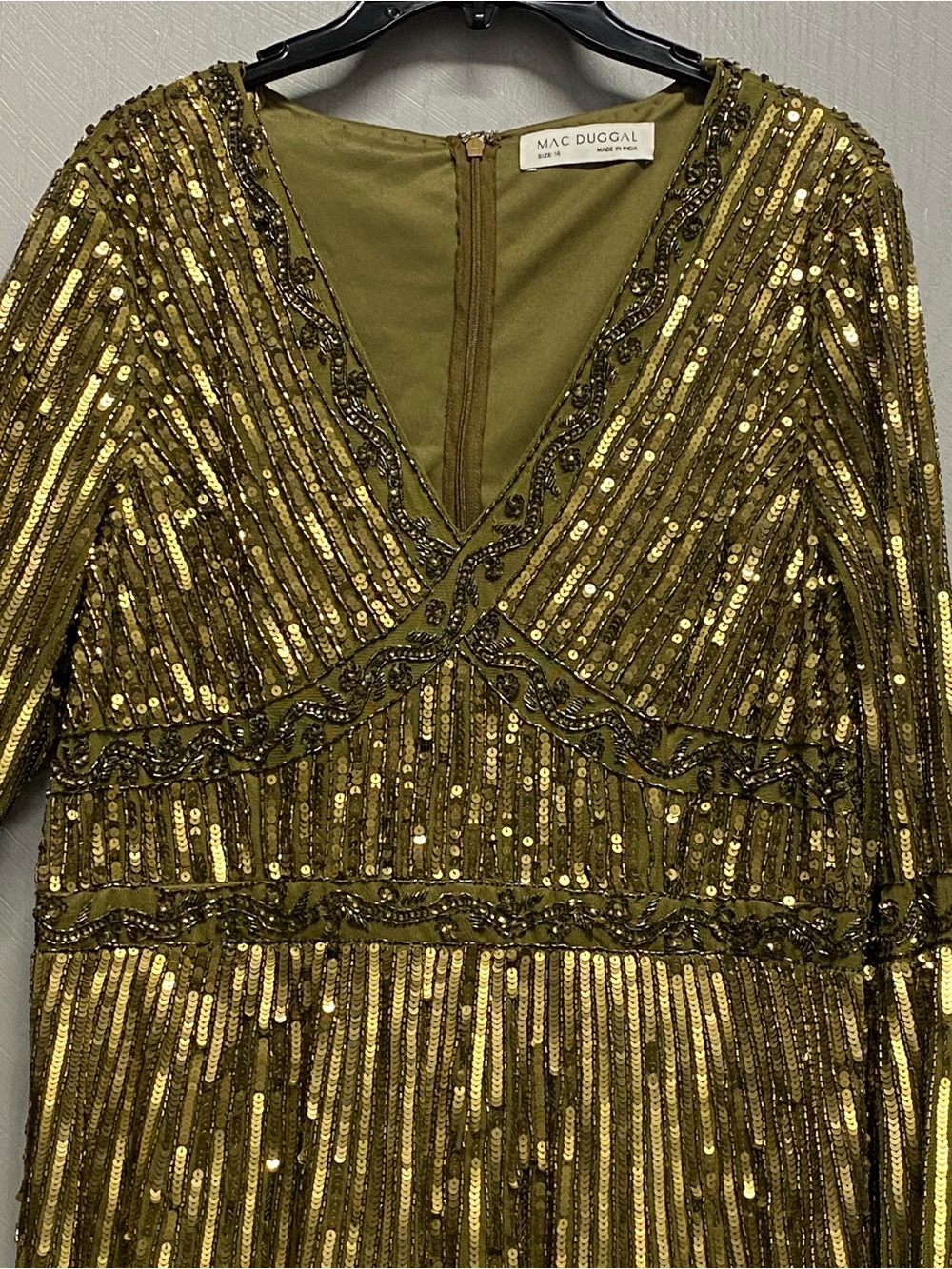 Mac Duggal Light Olive Sequin Beaded Bell Sleeve Midi Dress Size 14 NWT - Picture 8 of 10